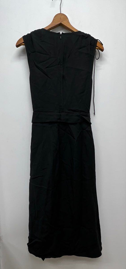 Derek Lam 10 Crosby Women's Black V-Neck Ruched Shoulder Belted Midi Dress Sz 4