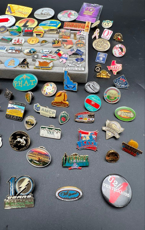 Lapel Pin Button Lot Vintage Enamel Metal Travel Souvenir Mixed Approx 100 Pcs