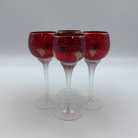 Vintage Ruby Red Wine Glasses 4 Piece Lot Etched Grapes Vines Gold Trim 7 In