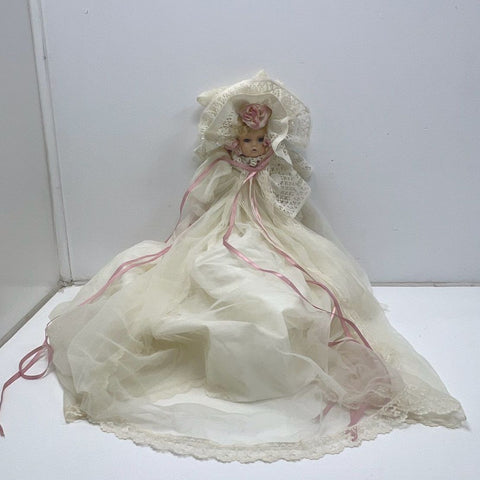 Vintage 80s Porcelain Doll White Lace Gown Pink Ribbon Bonnet Blue Eyes 24"