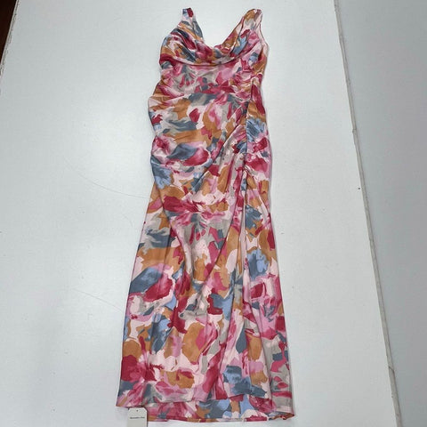 Abercrombie Women's Pink Abstract Ruched Drapey Cowl Back Maxi Dress M NWT