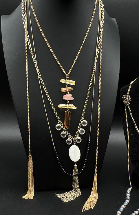 Mixed Costume Jewelry Lot 10 Necklaces Gold Tone Pendants Tassels Charms