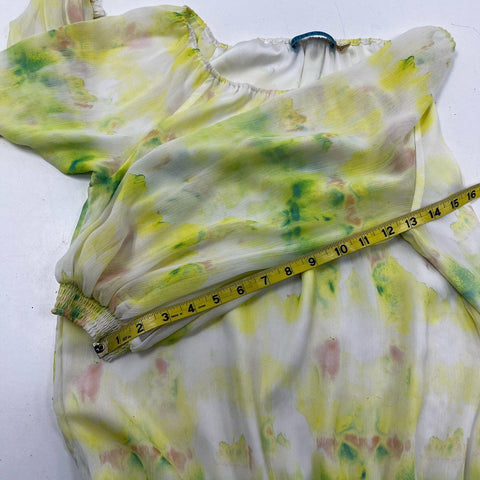 Alice & Olivia Women's Yellow Green Tie Dye Puff Sleeve Blouse Sz S