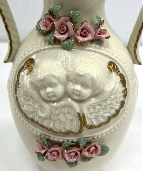 Vintage Cherub Angel Vase Ivory Gold Trim Applied Pink Roses 6" Ceramic