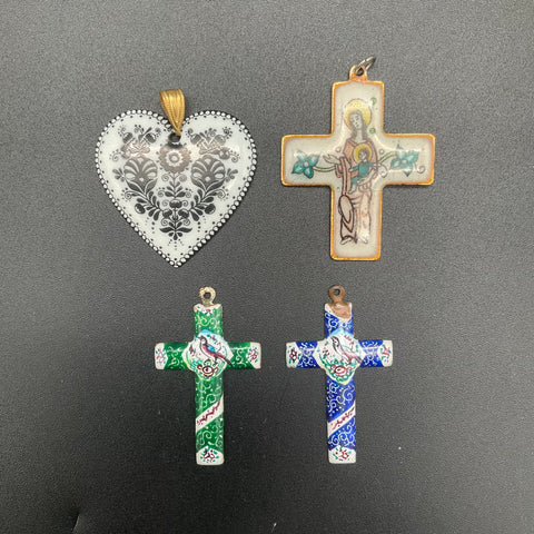 Vintage Enameled Copper Pendants Lot of 4 Cross Heart Folk Art Religious