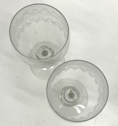 Vintage Needle Etched Scroll Band Wine Glasses Water Goblets Set of 2