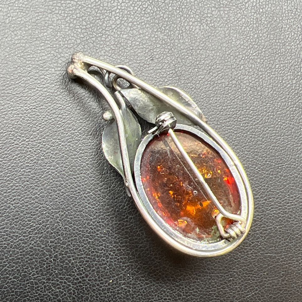 Sterling Silver Amber Leafy Brooch 8.72g
