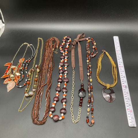 Bohemian Earth Tone Beaded Necklace Jewelry Lot of 8 Enamel Leaf Wood Resin