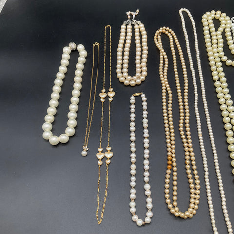 Vintage Faux Pearl Costume Jewelry Lot of 12 Necklaces Chains Gold Tone