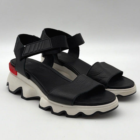 Sorel Kinetic Sandal Black White Platform Wedge Slingback Women's Size 10