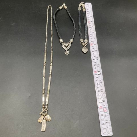 Brighton Vintage Heart Charm Necklace Jewelry Lot of 3 Silver Tone Leather