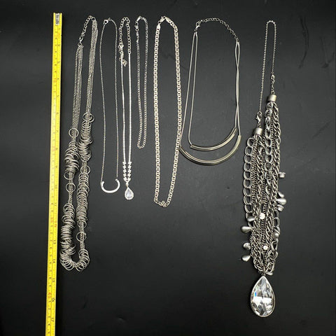 Vintage Modern Silver Tone Costume Jewelry Lot 6 Necklaces Rhinestone Pendant