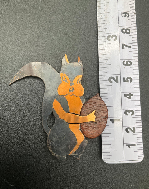 Vintage Handmade Folk Art Mixed Metal & Wood Squirrel Nut Brooch Pin