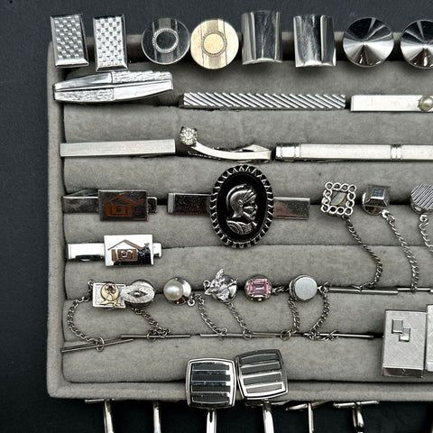 Vintage Mens Jewelry Lot Cufflinks Tie Bars Tacks Silver Tone Retro 40+ Pieces