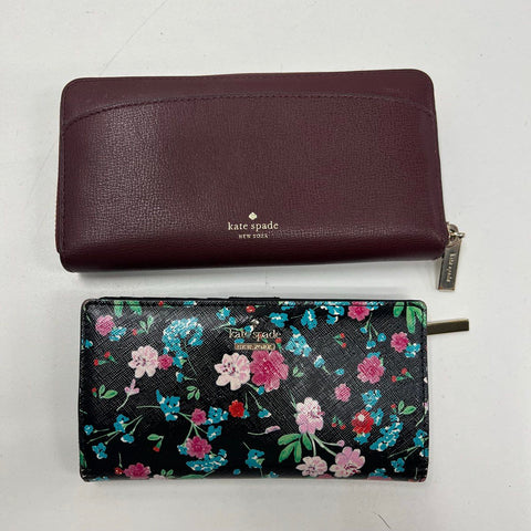 Kate Spade Burgundy Leather & Black Floral Print Wallets Lot of 2