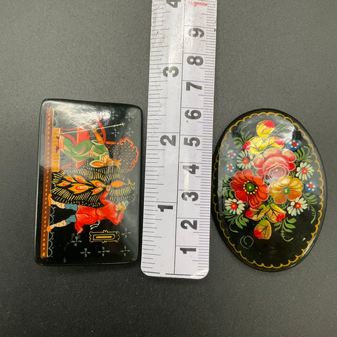 Vintage Russian Lacquer Hand Painted Brooches Lot of 2 Fedoskino Signed Floral