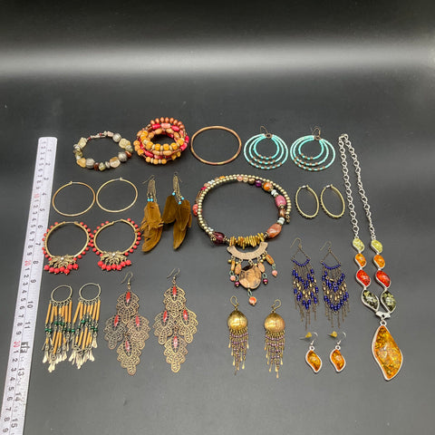 Boho Ethnic Costume Jewelry Lot 16pc Mixed Necklaces Earrings Bracelets Beads