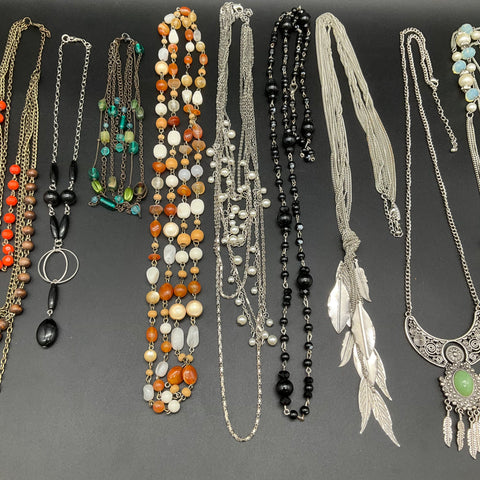Beaded Faux Pearl Boho Statement Necklace Jewelry Lot of 11 Silver Gold Tone