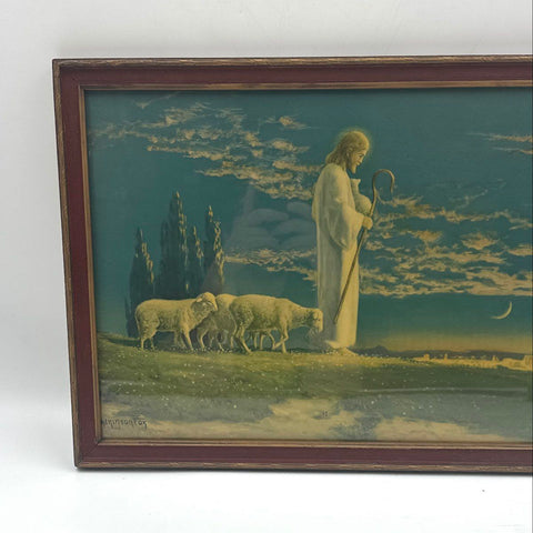 R Atkinson Fox Jesus Good Shepherd Sheep Print 22x14 Vintage Signed Framed