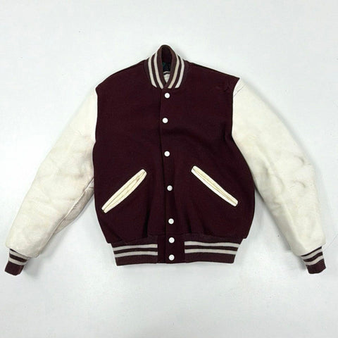 Vintage 80s DeLong Wool Leather Varsity Letterman Jacket Maroon Sz 38