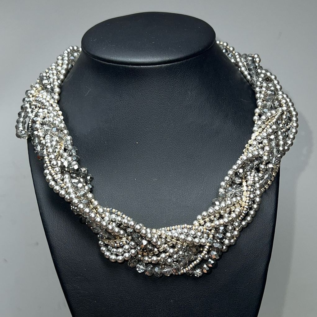 Loft Faux Grey Pearl Multifaceted Rhinestone Beaded Necklace