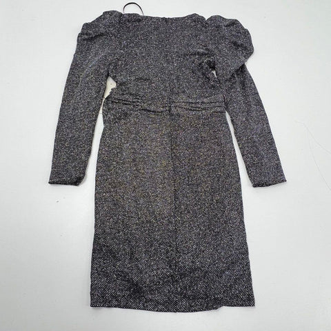 Eliza J Women's NWT Puff Sleeve Metallic Faux Wrap Cocktail Dress Black Silver 6