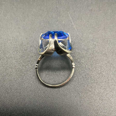 10K HGE Silver Tone Blue Glass Statement Cocktail Ring Size 7