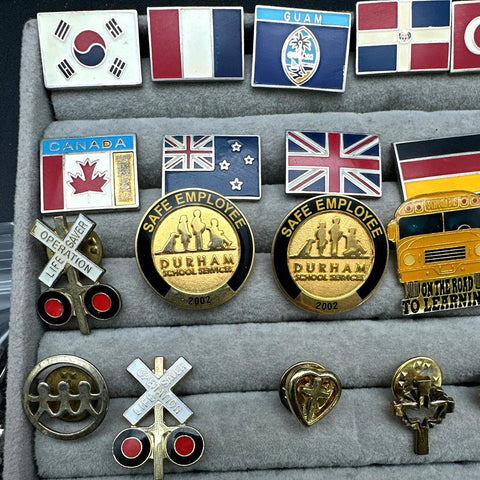 Vintage to Modern Lapel Pin Lot International Flags Bees School Transportation