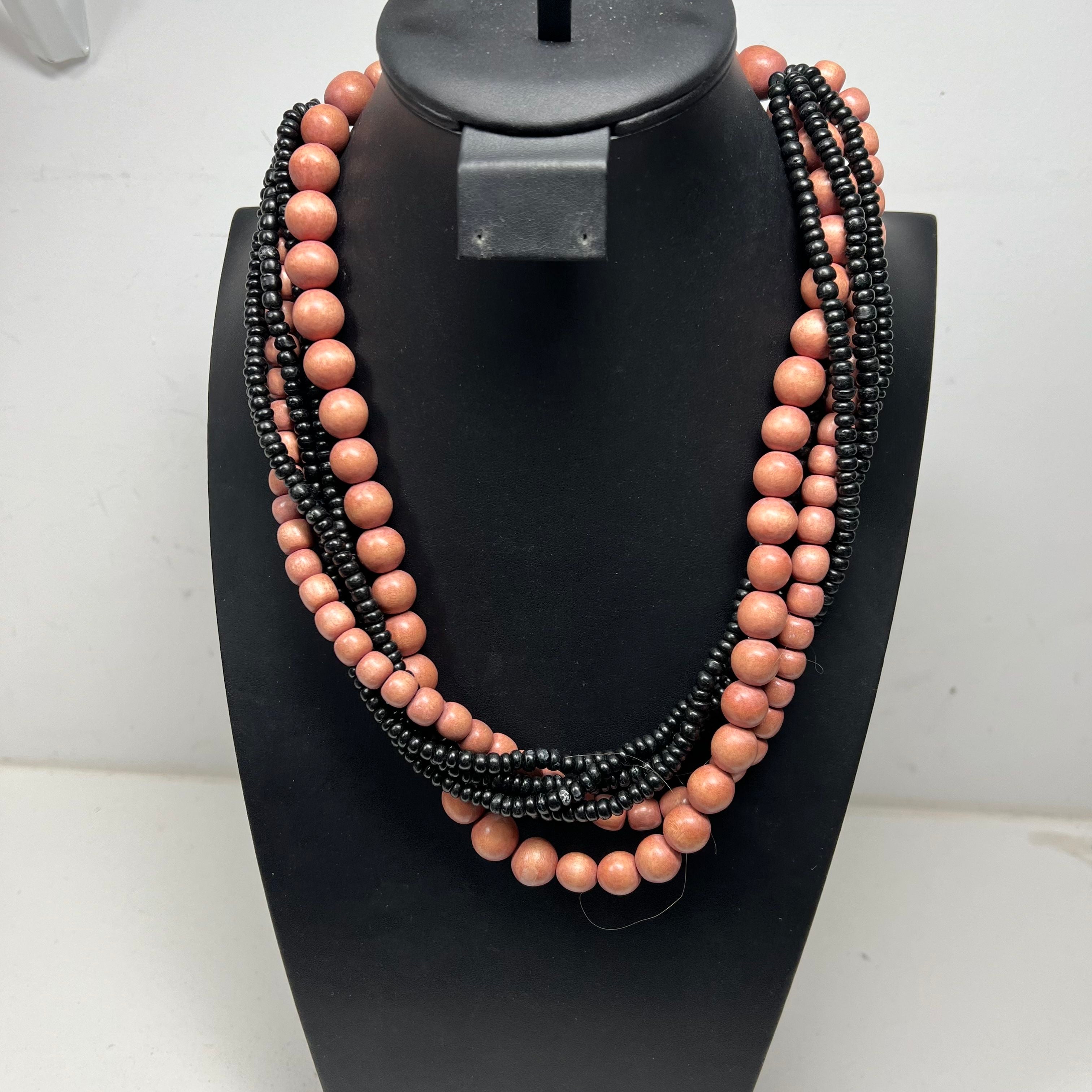 Beaded Multi Strand Orange Black Beaded Necklaces