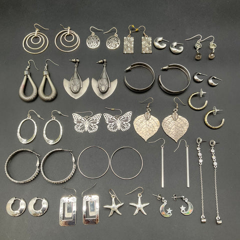Vintage & Modern Costume Jewelry Lot 22 Pairs Earrings Hoops Dangles Silver Tone
