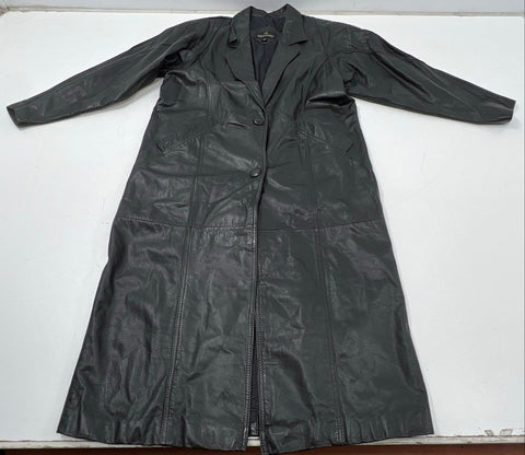 Vintage 90s Bermans Black Leather Long Trench Duster Coat Made in Korea Sz M