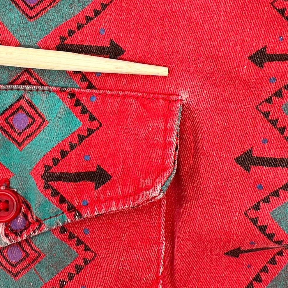 Vintage Wrangler Brushpopper Western Shirt Red Aztec Southwestern Print Cotton