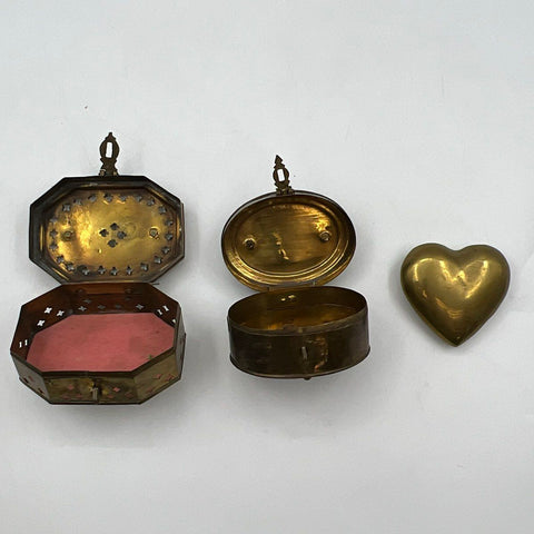 Vintage Brass Lot 3 Pieces Pierced Cricket Box Oval Casket Heart Paperweight