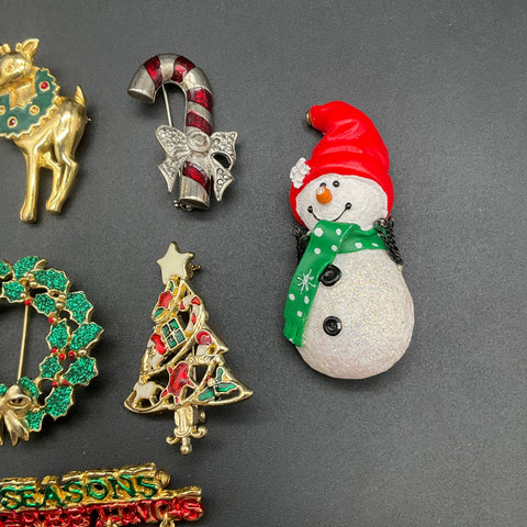Vintage JJ Jonette Jewelry Christmas Brooch Pin Lot 9 Holiday Wreath Reindeer