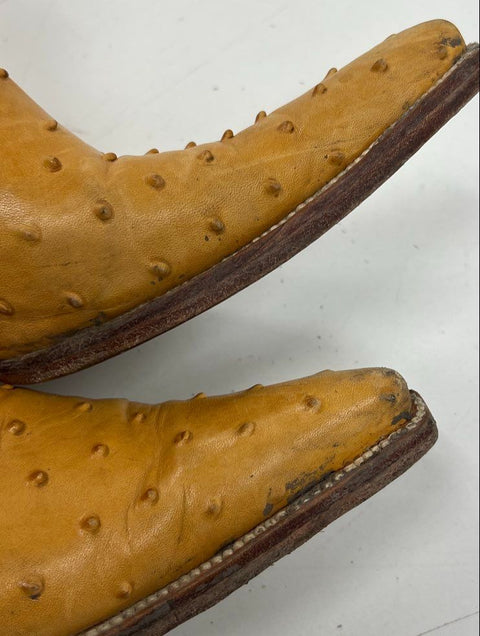 Y2K Soto Boots Tan Full Quill Ostrich Leather Heeled Ankle Boots Size 9.5