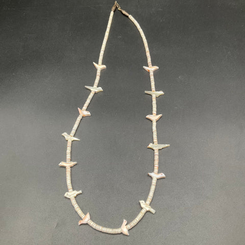 Vintage Southwestern Style Carved Shell Bird Fetish Heishi Bead Necklace 26"