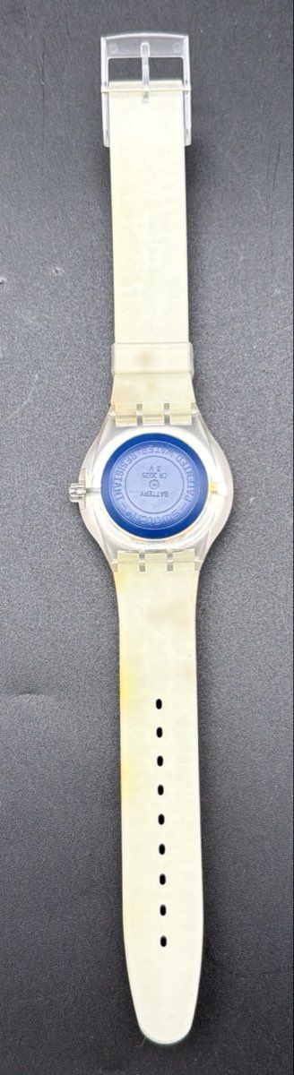 Vintage 2004 Swatch Swiss Quartz Watch Blue Dial AM/PM Indicator Dotted Strap