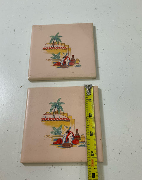 Vintage PT&P Co Ramona Tiles Lot Of 2 Peach Southwestern Motif Made In USA 4x4