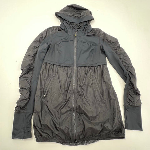Lululemon Women's Run For Your Life Jacket Black Hooded Ruched Sleeve Size 8