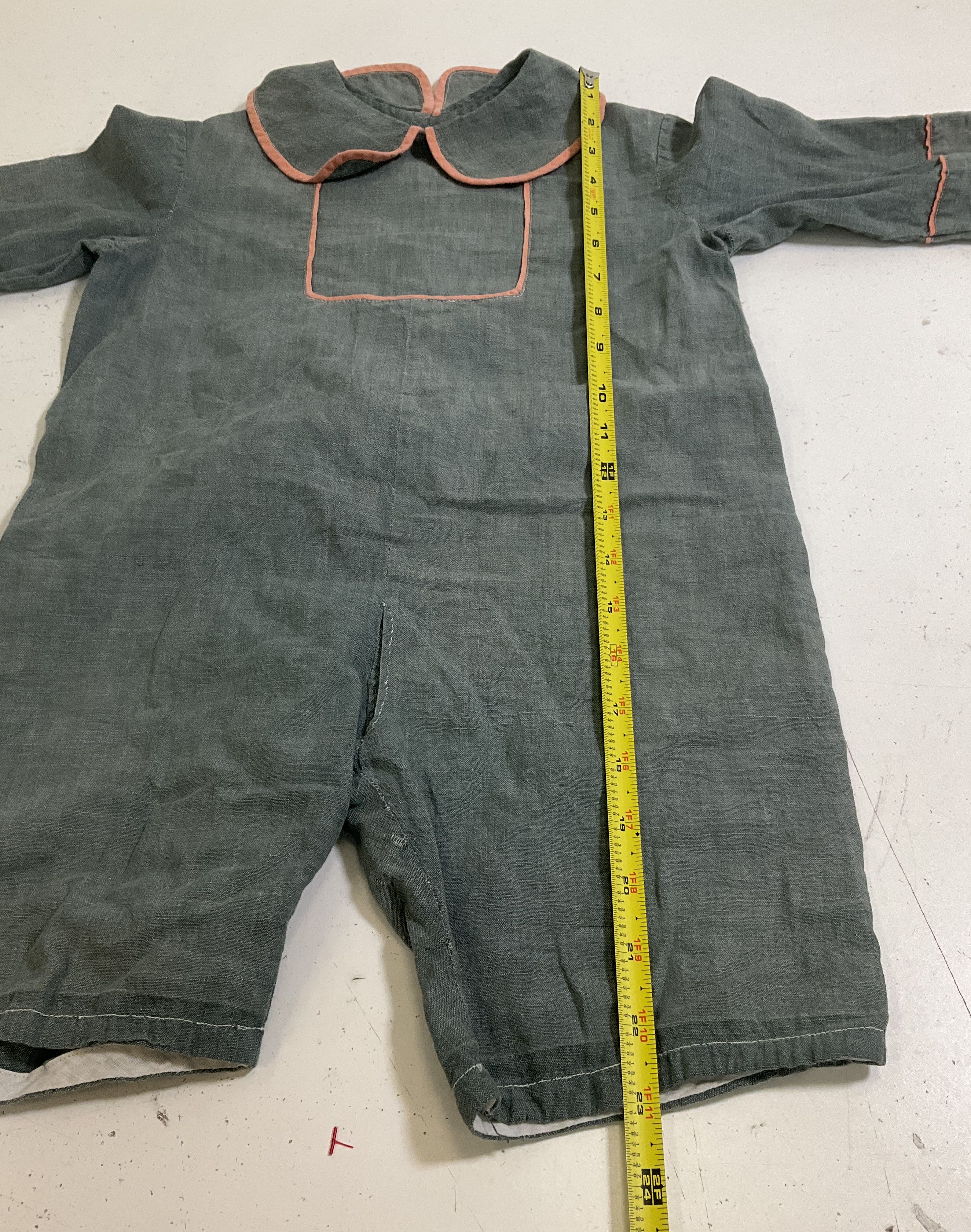 Vintage 1950s Baby Romper Chambray Drop Seat Peter Pan Collar Gray One Piece