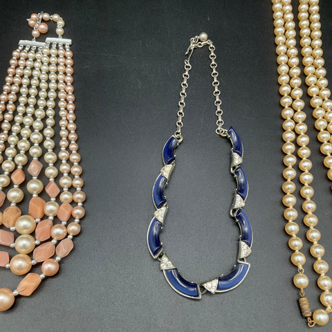 Vintage Costume Jewelry Necklace Lot 4 Faux Pearl Rhinestone Beaded 16"-32"