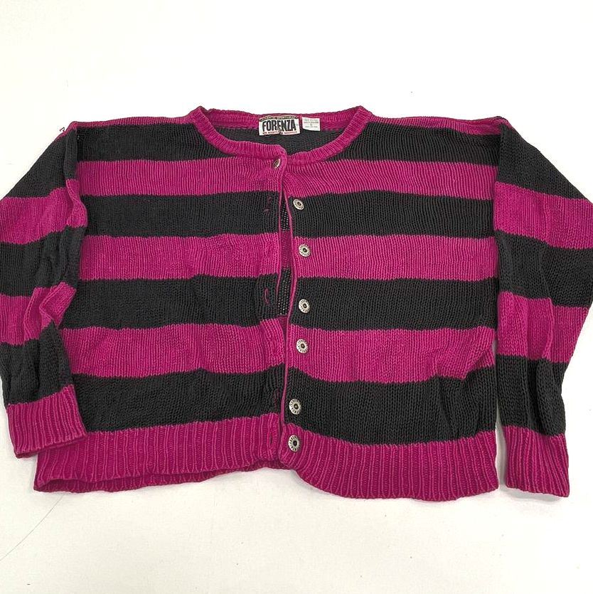 Vintage 80s Forenza Pink Black Striped Ramie Cotton Cardigan Sweater Womens S