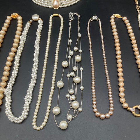 Vintage Faux Pearl Jewelry Lot of 9 Necklaces Choker Multi-Strand Classics