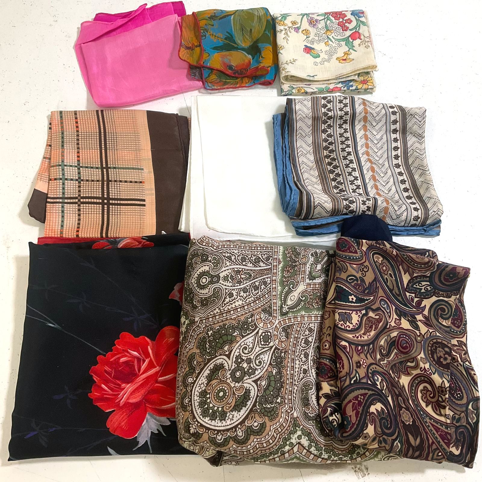 Vintage Scarf & Handkerchief Lot 9 Pcs Mixed Floral Paisley Plaid Silk Cotton