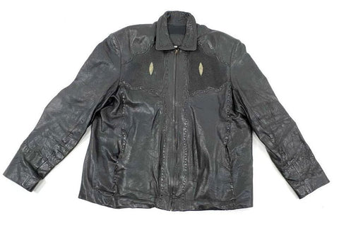 Vintage 90s Black Leather Stingray Shagreen Whipstitch Biker Jacket Sz XXL