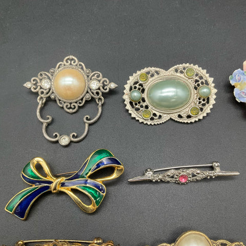 Victorian Revival Style Costume Jewelry Lot 11 Brooches Faux Pearl Enamel