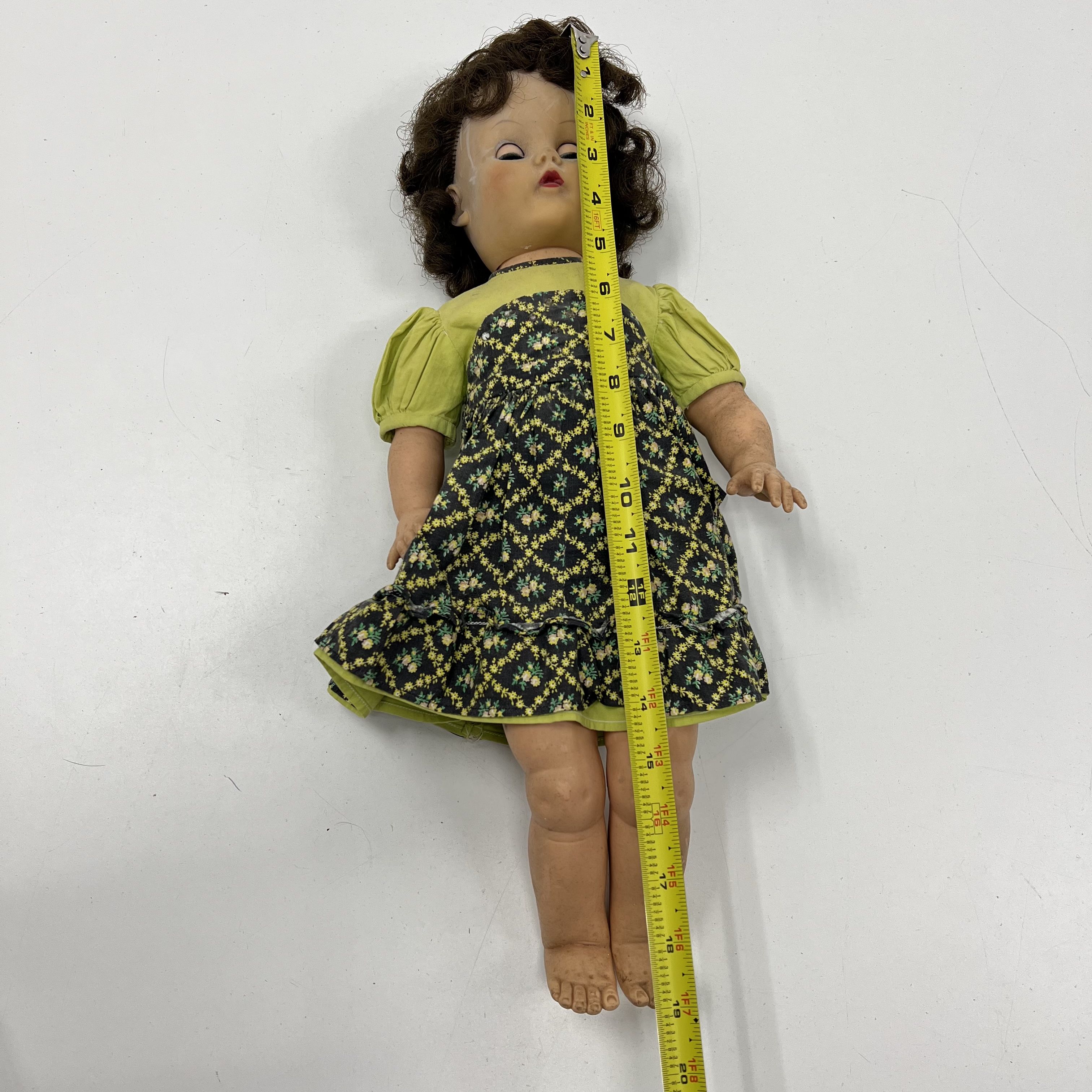 Vintage Composition Baby Doll 18" Green Floral Dress Brown Hair Sleep Eyes
