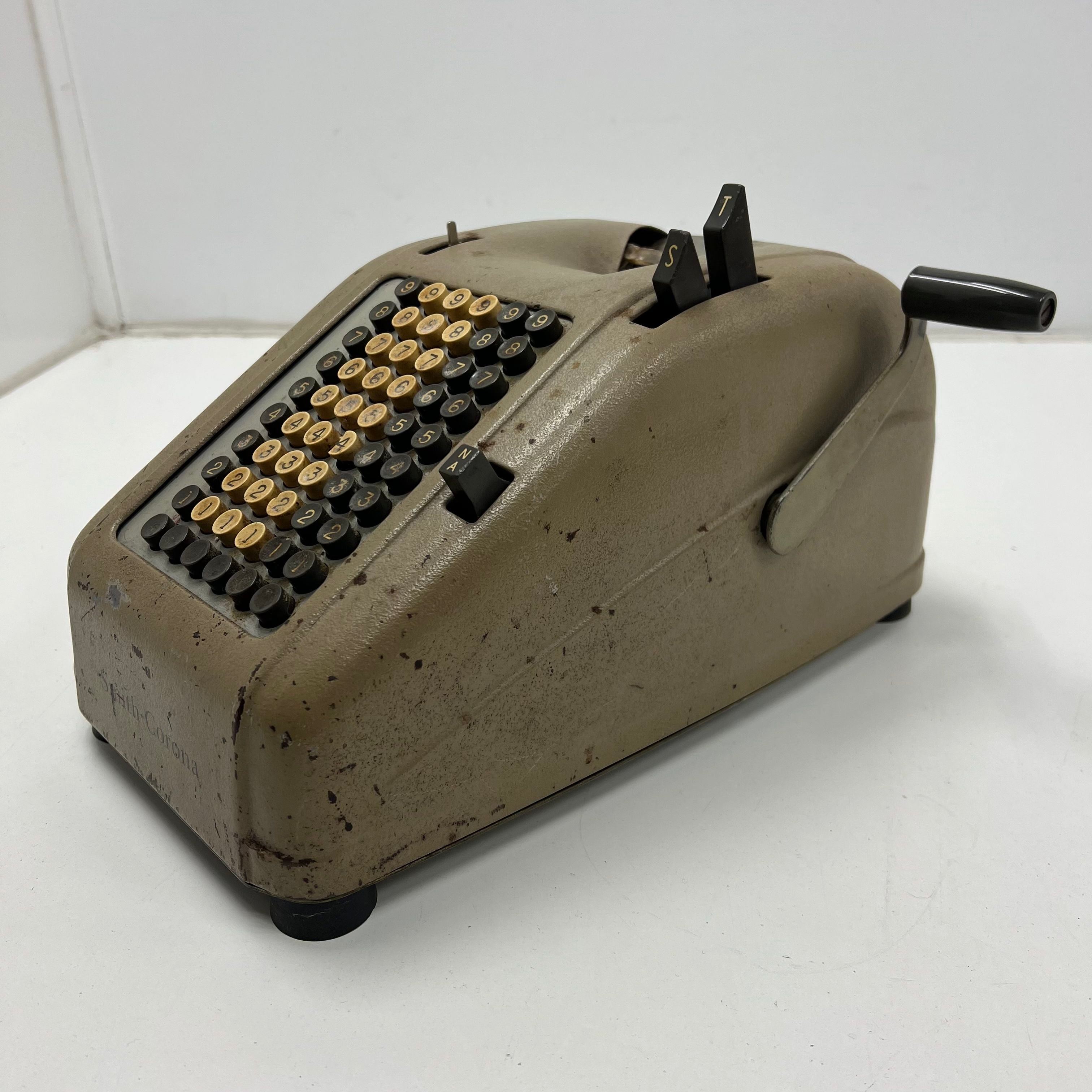 Vintage Smith Corona Hand Crank Adding Machine Gray Metal Industrial Mid-Century