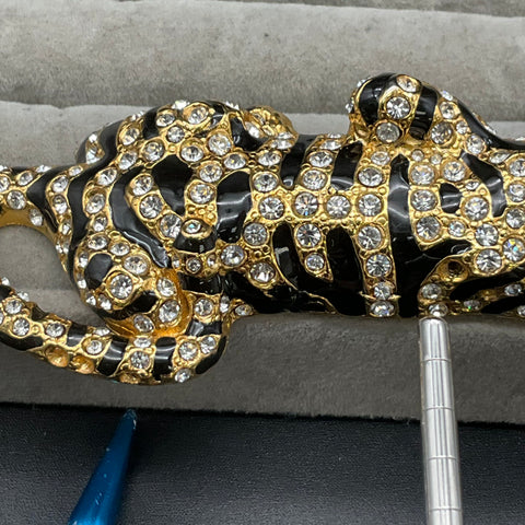 Vintage Retro Large Crawling Tiger Brooch Gold Tone Black Enamel Marked B