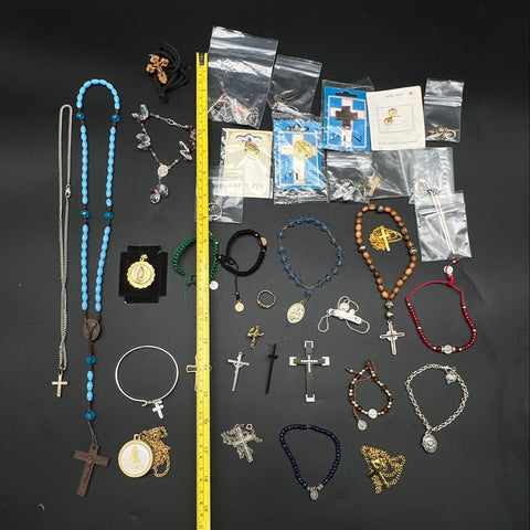 Religious Jewelry Lot 30+ Pcs Rosary Cross Pendant Necklace Bracelet Catholic